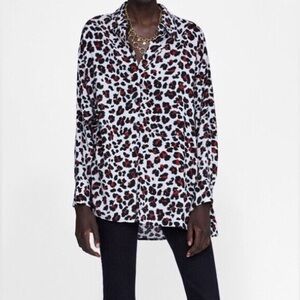 Zara Basic Leopard Button Down Shirt Tunic Burgundy Red Black White size Small